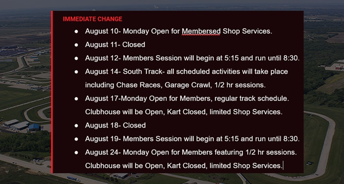 Track Schedule Update for the Remainder of the Month